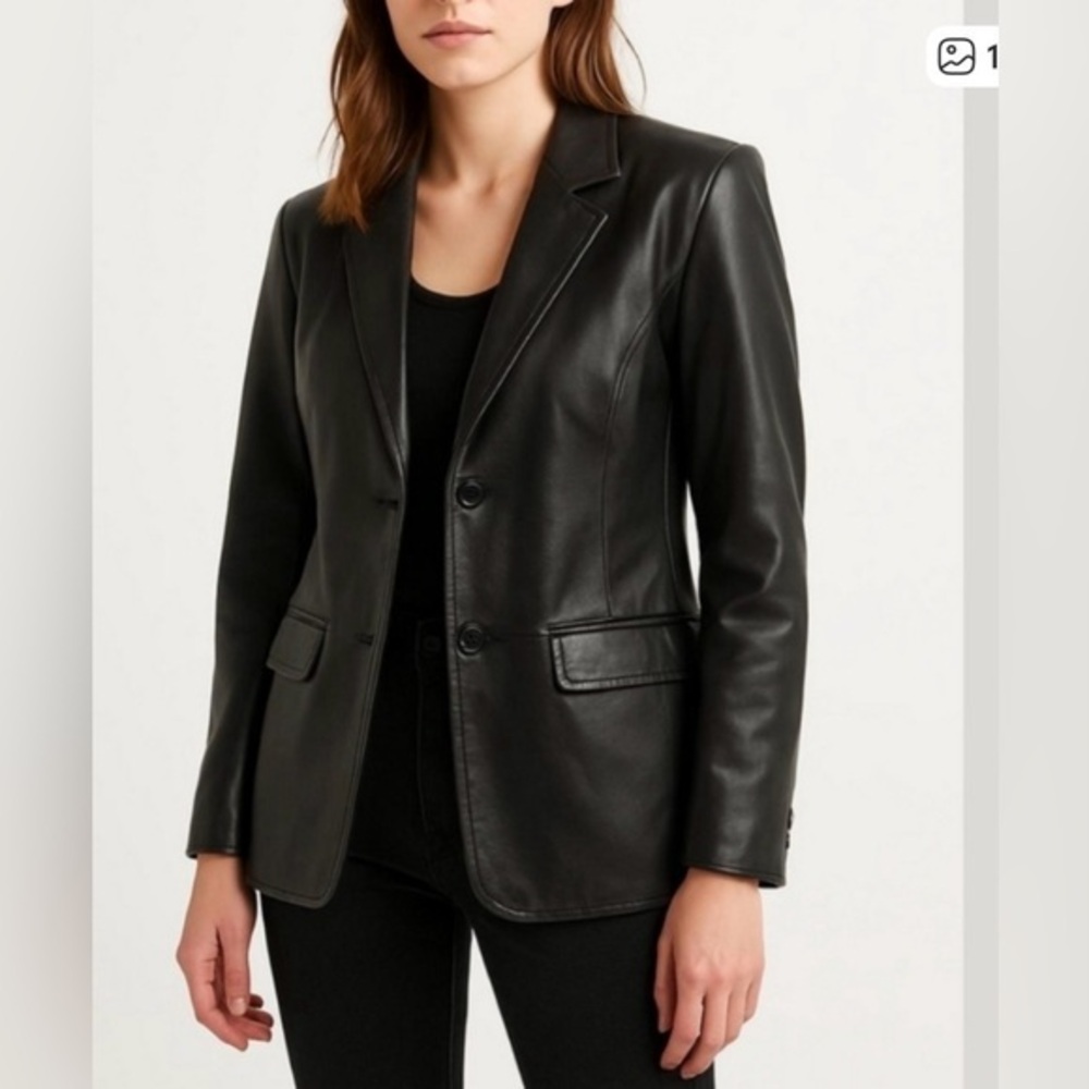 Jaclyn Smith Black Leather Blazer Women Size 14 Vintage Classic Old Money
